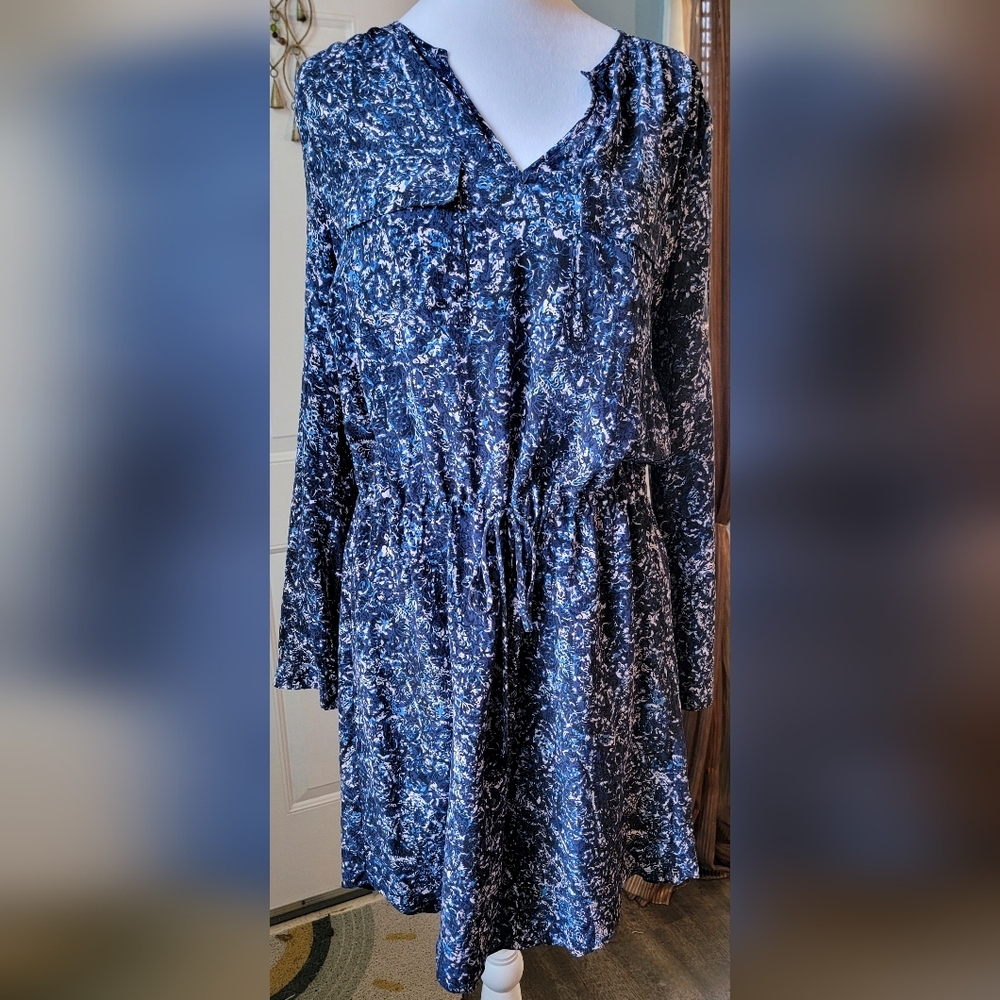 Rebecca Taylor 100% Silk Tie Waist Midi Dress Womens 8 Navy Floral Roll Tab Slee